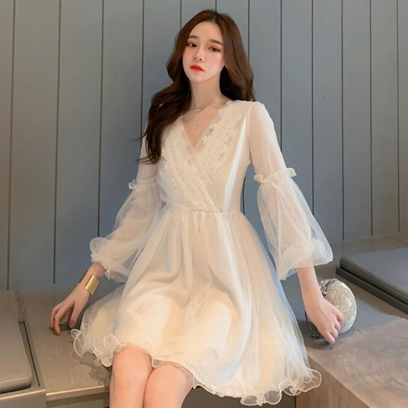 Sannian French Personality Dress Summer Retro Mesh V-neck Lace Clothes China Long Pleated Dresses Preppy Style Casual