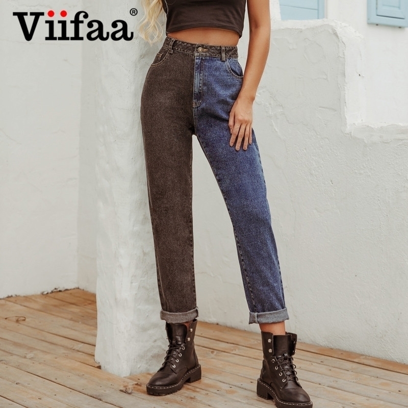 Viifaa Black and Blue Two Tone High Waist Denim Jeans for Women Zipper Fly Casual Ladies Straight Jeans 210616
