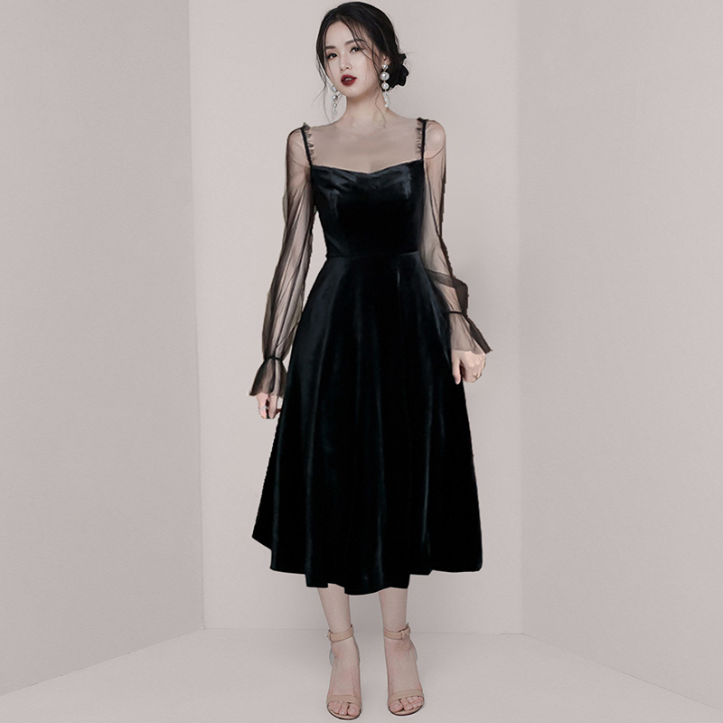 Spring Vintage Square Collar Mesh Patchwork Velvet Mid-Length Dress Sexy Backless Black Vestidos For Female 210520