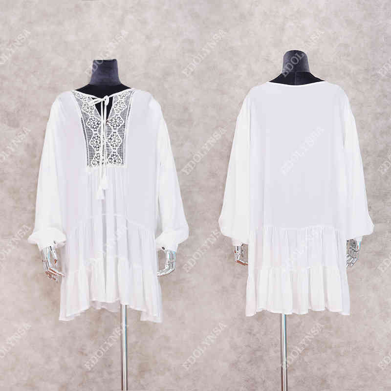 Beach Caftan Dress Cover-ups White Cotton Tunic For Women Pareo Swimsuit Cover up Sexy wear #Q920 210420
