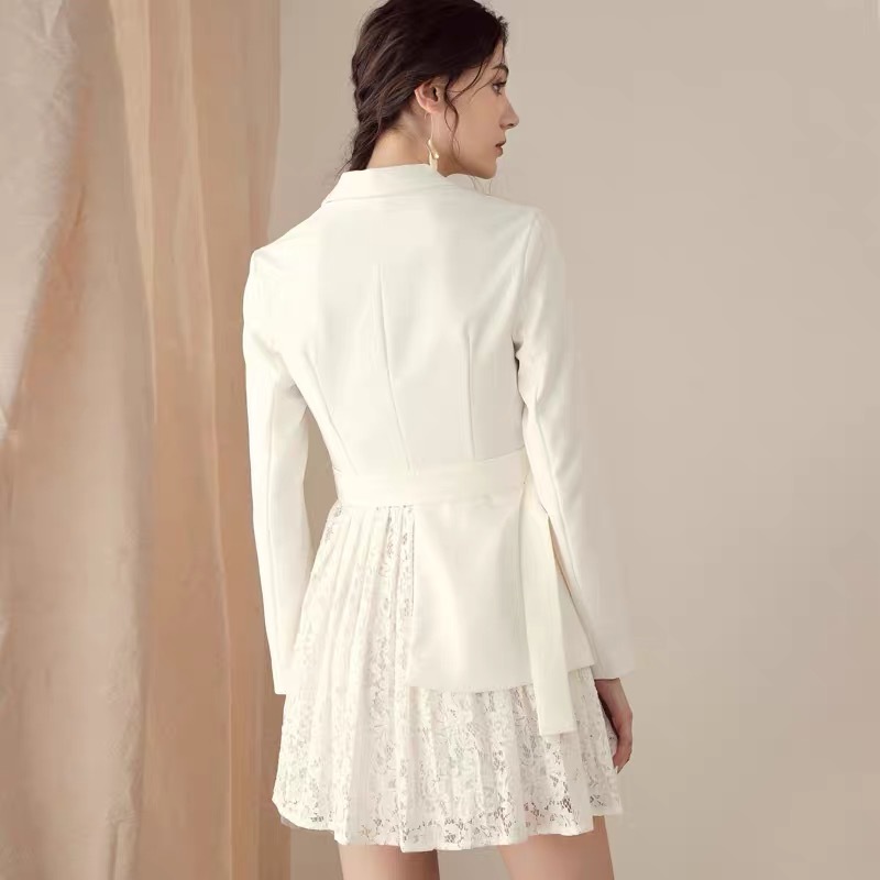 Spring Long Sleeve Fashion OL Style Suit Stitching Patchwork Lace Belt Women Party Mini Dress White vestido de mujer 210421
