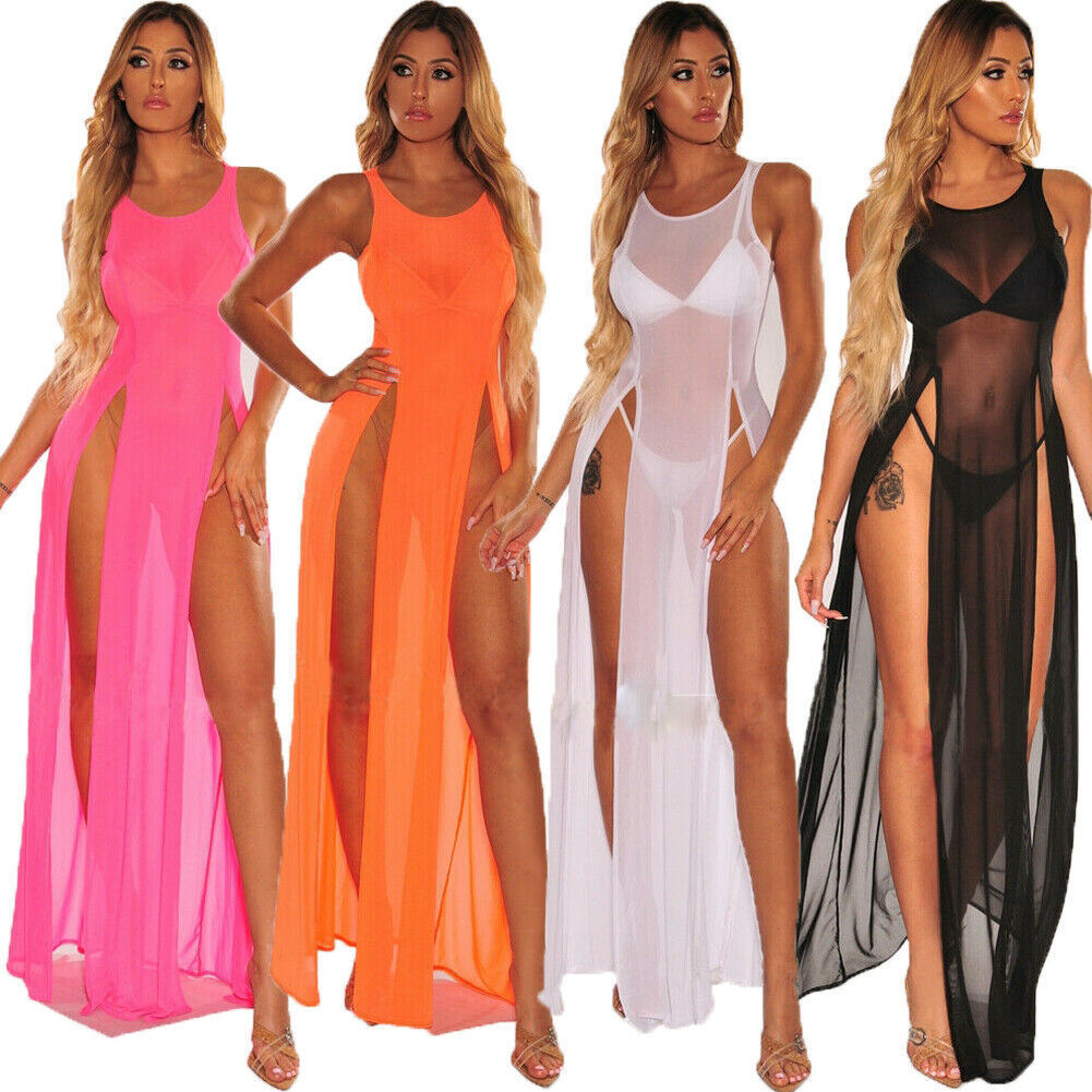 Women's Bikini Swimsuit Cover up Sundress Beach Wear Mesh Sheer Long Dress Summer Bathing Suit Holiday Sarong Pareo T200517