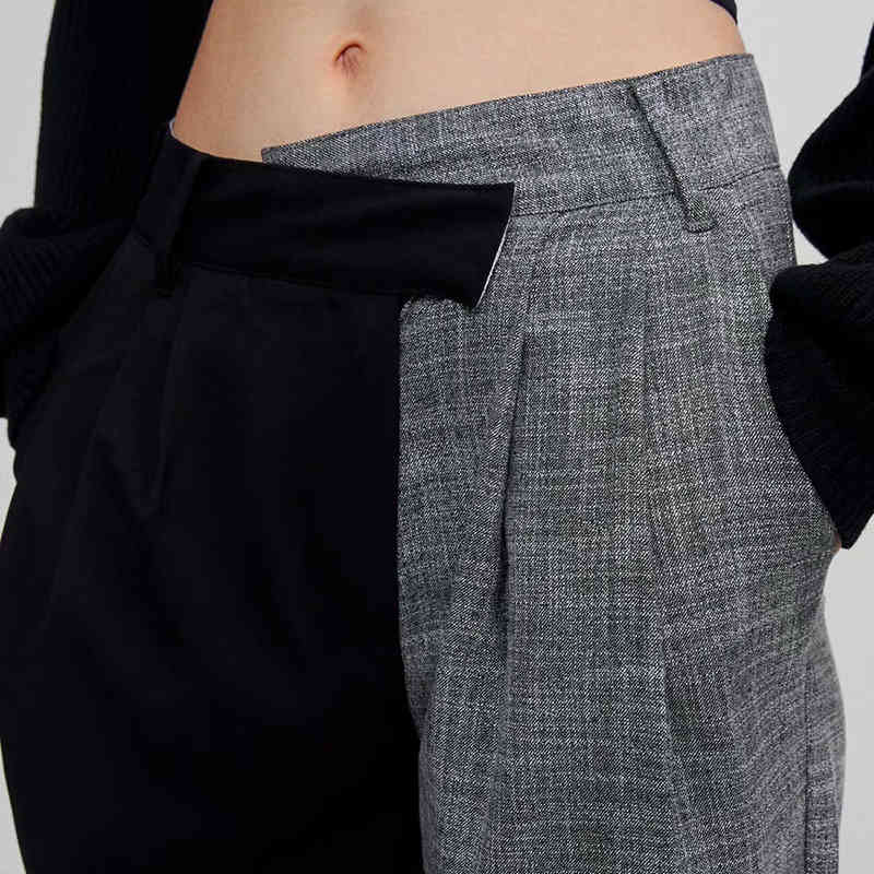 BBWM Women Chic Fashion Elegant Splicing Side Pockets Check Pants Vintage Office Ladies Low Waist Zipper Cropped Pants 210520