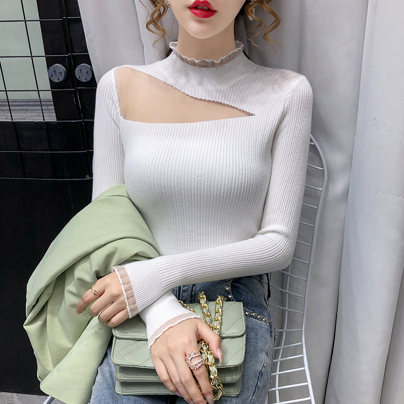 Long Sleeve Knitted Mesh Sexy Women Sweaters Autumn Korean Solid Vintage Sweater Jumper Sweter Damski 11589 210415