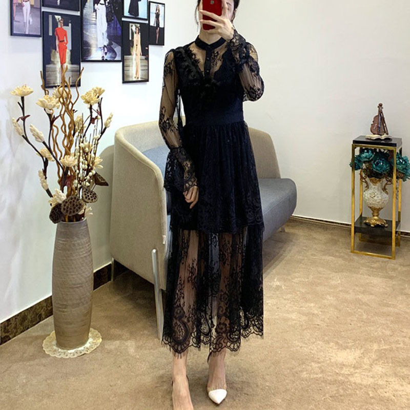 Summer Spring Mesh See Through Lace Black Dress Women Vintage Casual Midi Long Dresses Streetwear de fiesta Plus Size 2X 210421