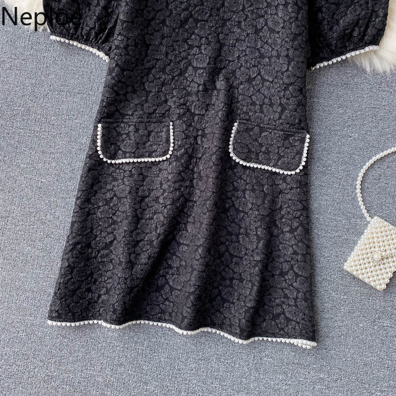 Neploe Women Elegant Korean Dress Heavy Beading V Neck Puff Short Sleeve A-line Mini Dresses Summer High Street White Vestidos 210422