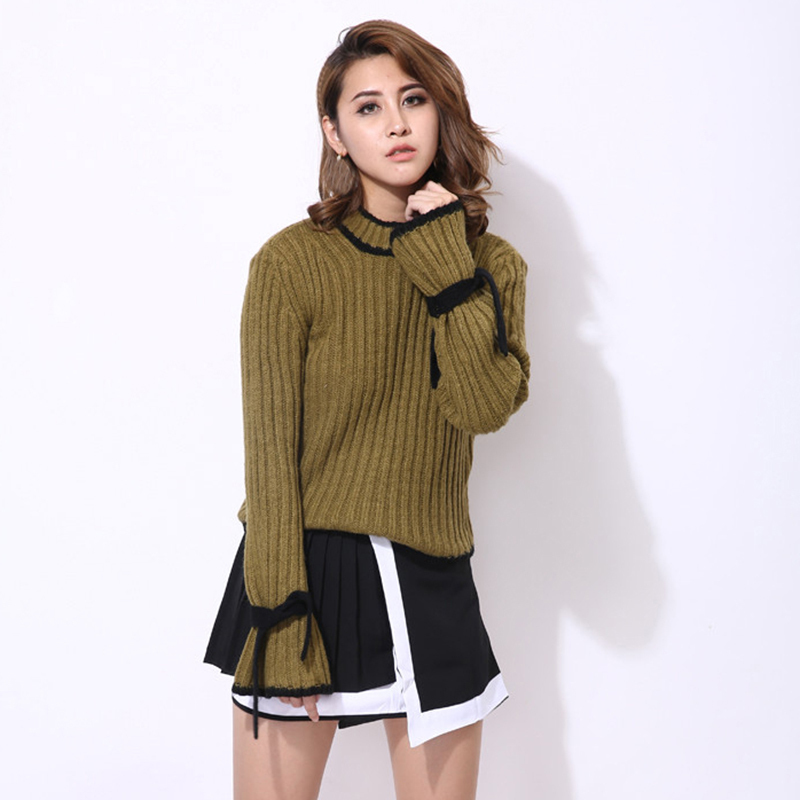 VGH Casual Lace Up Bowknot Sweater For Women Turtleneck Flare Sleeve Casual Basic Knitted Pullovers Female Fall Fashion New 210421