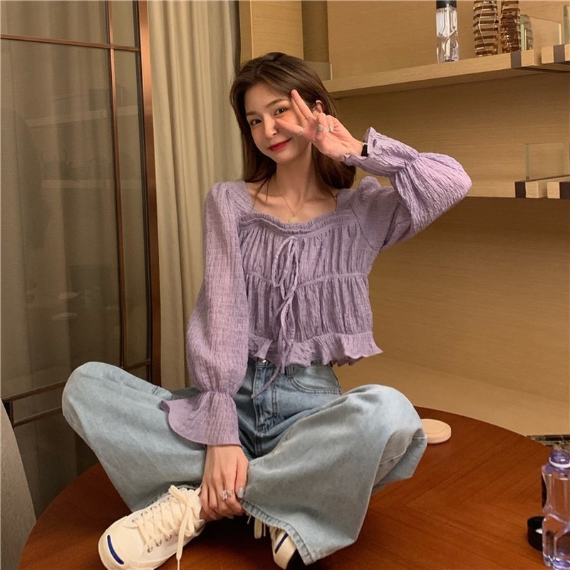 Nomikuma Korean Pleated Lace Up Square Collar Blouse Shirt Causal Flare Sleve Short Women Top Spring New Blusa Mujer 6F459 210427