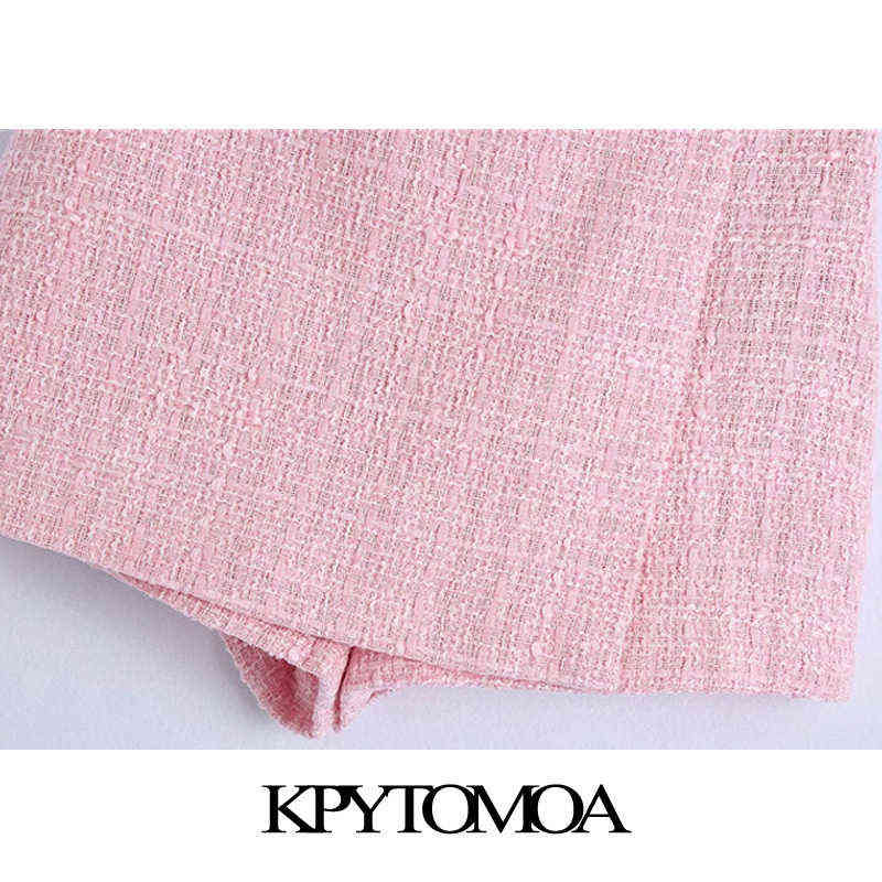 KPYTOMOA Women Chic Fashion Tweed Shorts Skirts Vintage High Waist Back Zipper Female Skort Mujer 210611