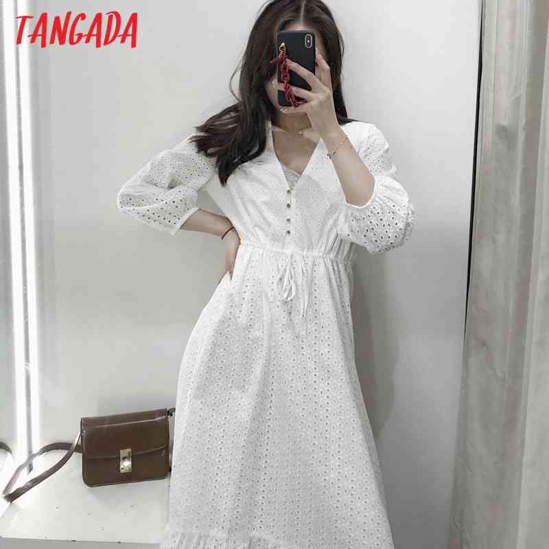 Summer Women White Embroidery Romantic V Neck Short Sleeve Ladies Midi Dress Vestidos 3H184 210416