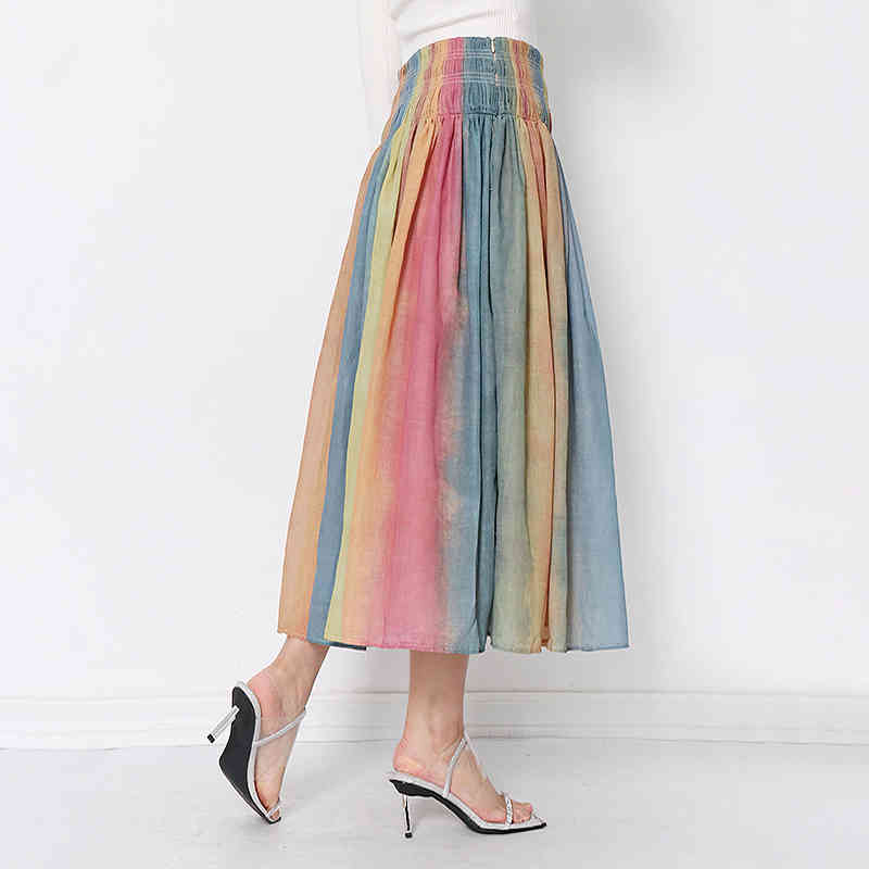 VGH Hit Color Striped Skirt For Women High Waist Elegant Casual Midi Skirts Female Fashionable New Clothing Spring Tide 210421