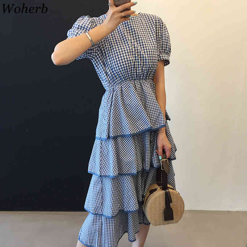 Fashion Short Sleeve Plaid Cake Dress Women Office Lady Korean Casual Loose All Match Streetwear Dresses Vestidos 210519