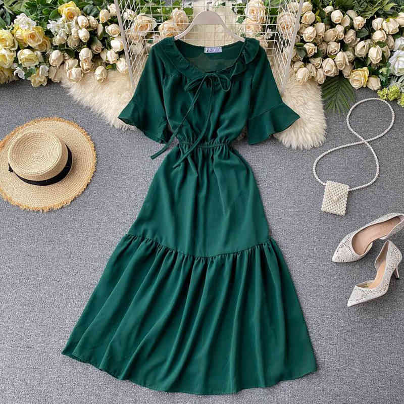 Sweet Ruffles Midi Long Summer Party Dress Elegant High Waist Dress Women Vestido De Festa Casual Beach A-line Dress 210521