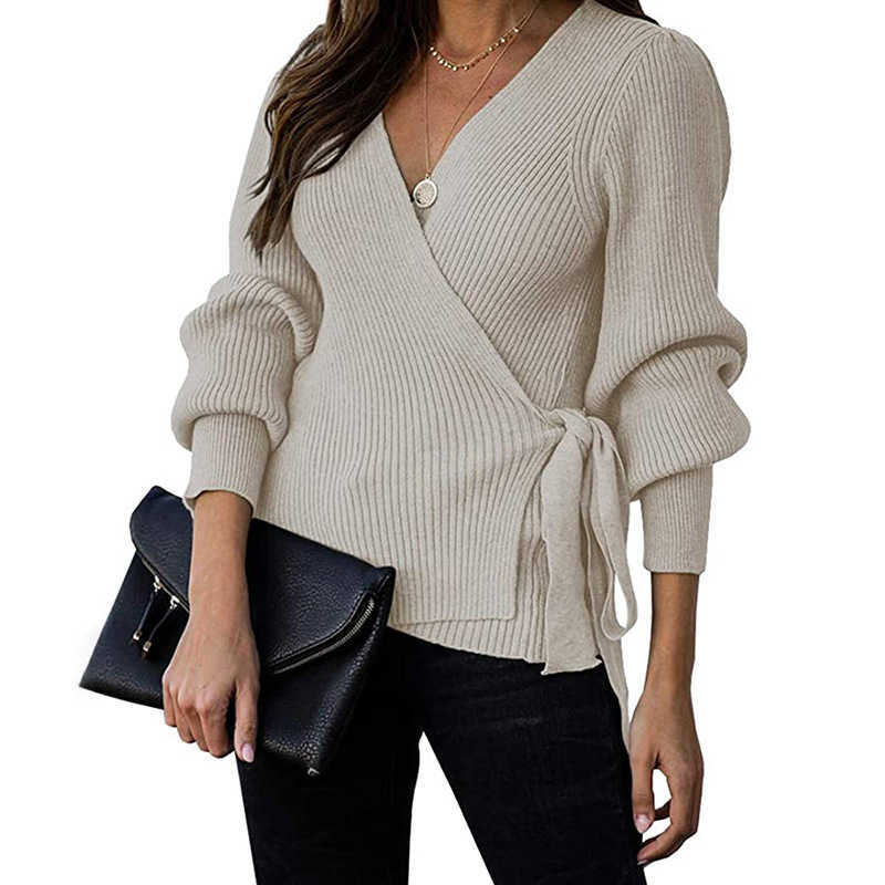 Korean Style Autumn Winter Woman Sweaters Ladies V-neck Lantern Sleeve Slim Fit Sweater Cross Waistband Loose Black Sueter Mujer 210604