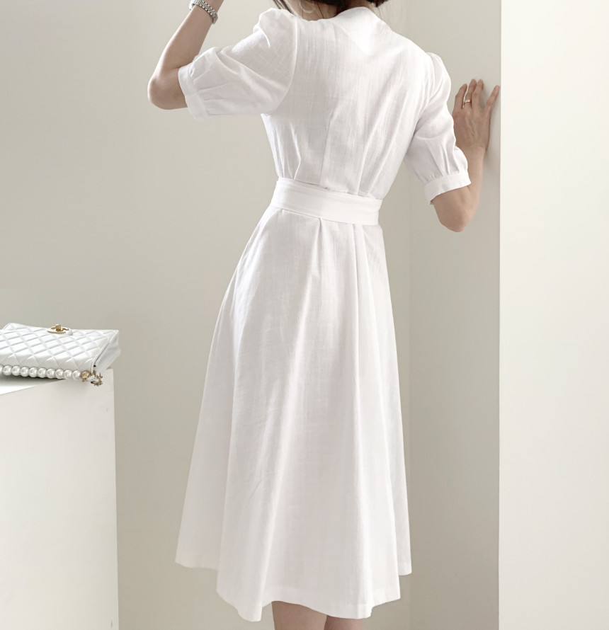 Work Chic Summer Dress Women OL Elegant Vintage Lapel Double-breasted Lace-up Puff Sleeve Slim Office Dresses 210421