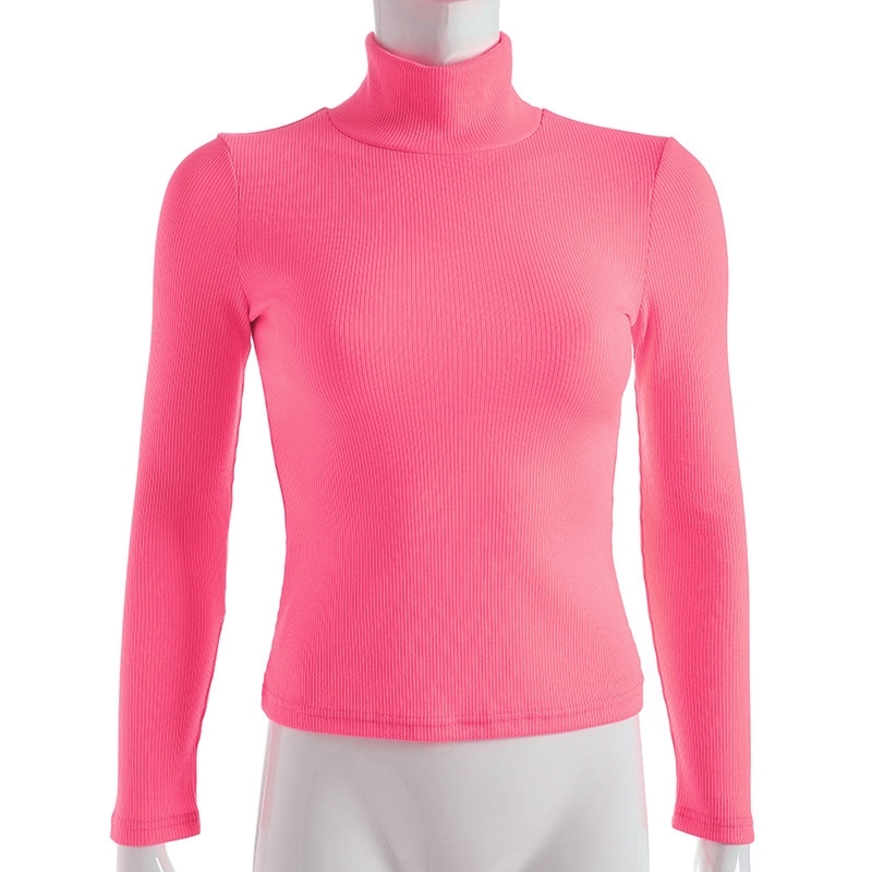 Solid Color Harajuku Turtleneck Cotton T Neon Yellow Green Knitted Crop Long Sleeve Korean Style Top Tee Shirt Haut Femme 210406