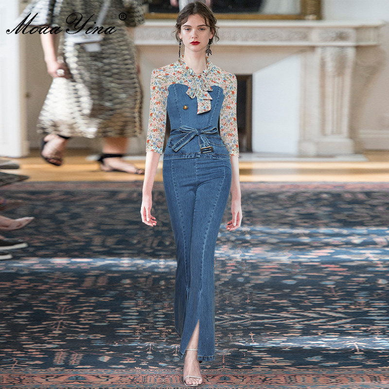 Fashion Set Spring Women's Lantern Sleeve Bow collar Floral-Print Tops+Trousers Cowboy Two Pieces 210524