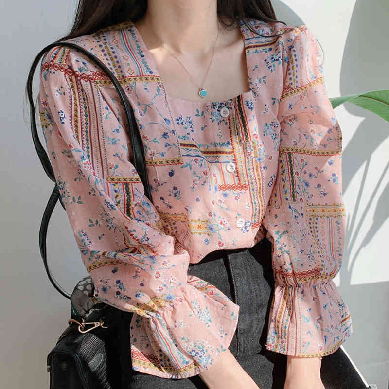 Elegant Square Collar Boho Blouse Women Korean Chic Floral Print Female Shirts Thin Beach Style Blusas Mujer Tops 210519