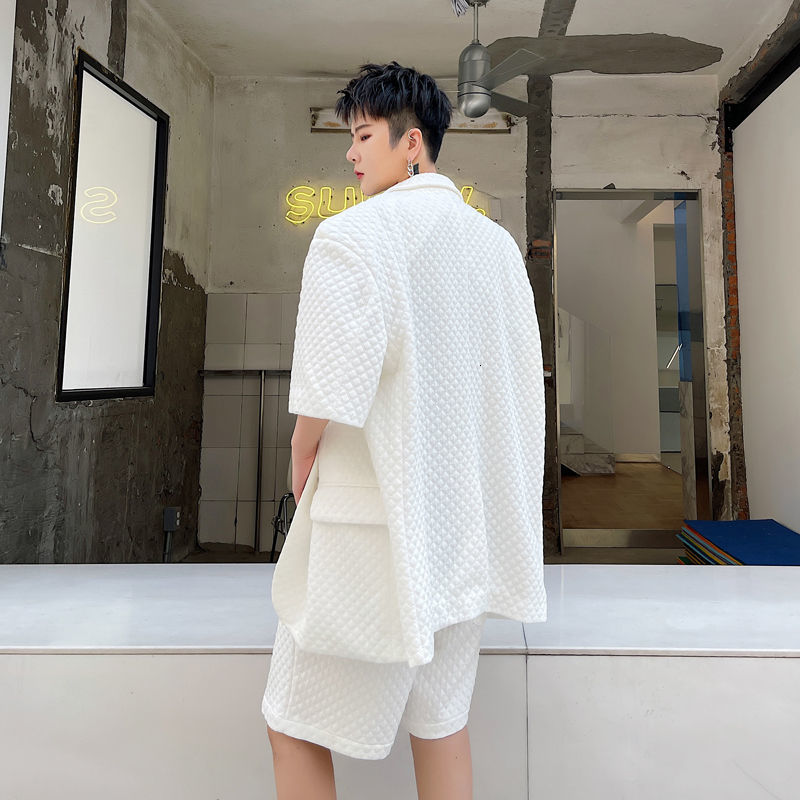 IEFB Summer Solid Color Men's Blazer Diamond Embossed Male Short Sleeve Suit Coat Loose Causal Korean Big Size Man Clothing 210524