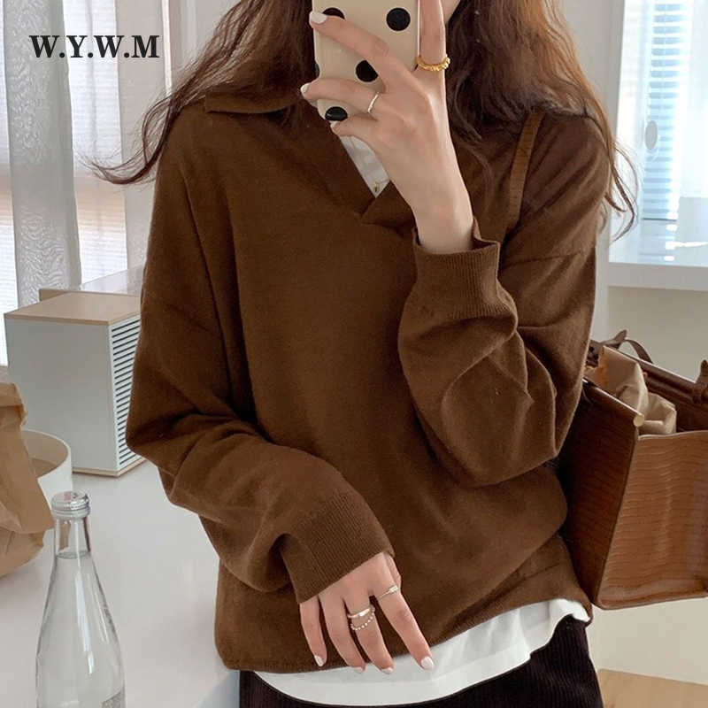 WYWM Autumn Thin Knitted Sweater Women Vintage Polo Collar Long Sleeve Streetwear Pullover Korean Casual V-neck Female Clothing 211018