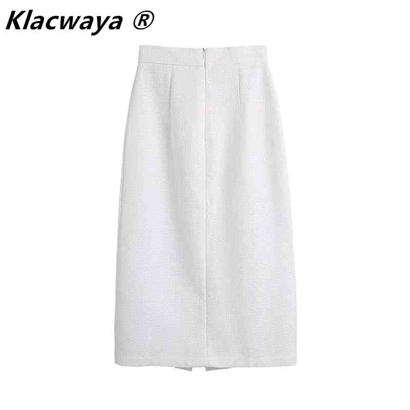 Women Vintage Pocket Patch Breasted Tweed Woolen Split Slim Skirt Faldas Mujer Ladies Back Zipper Chic Vestido 210521