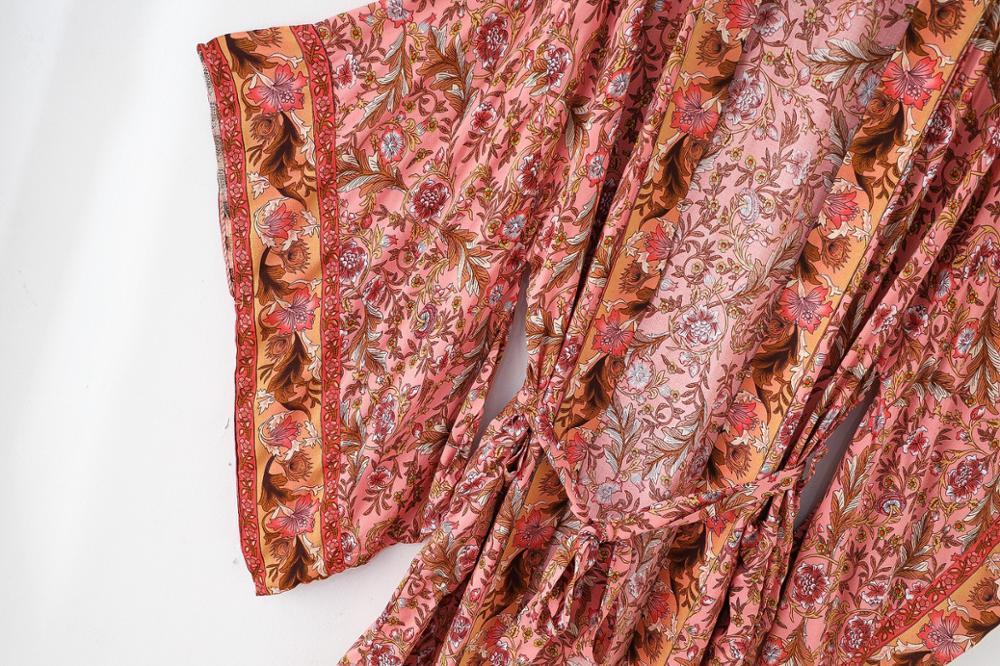 Autumn BOHO Location Floral Print Long Kimono Shirt Pink Hippie Women Tie Bow Sashes Cardigan Loose Blouse Tops Holiday 210429
