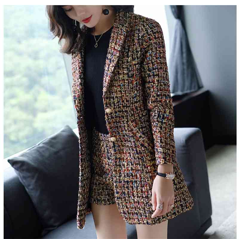 Fashion Autumn Winter Women Tweed Wool Jacket Coat And High Waist Shorts Suit Two Piece Sets Outfit 210520