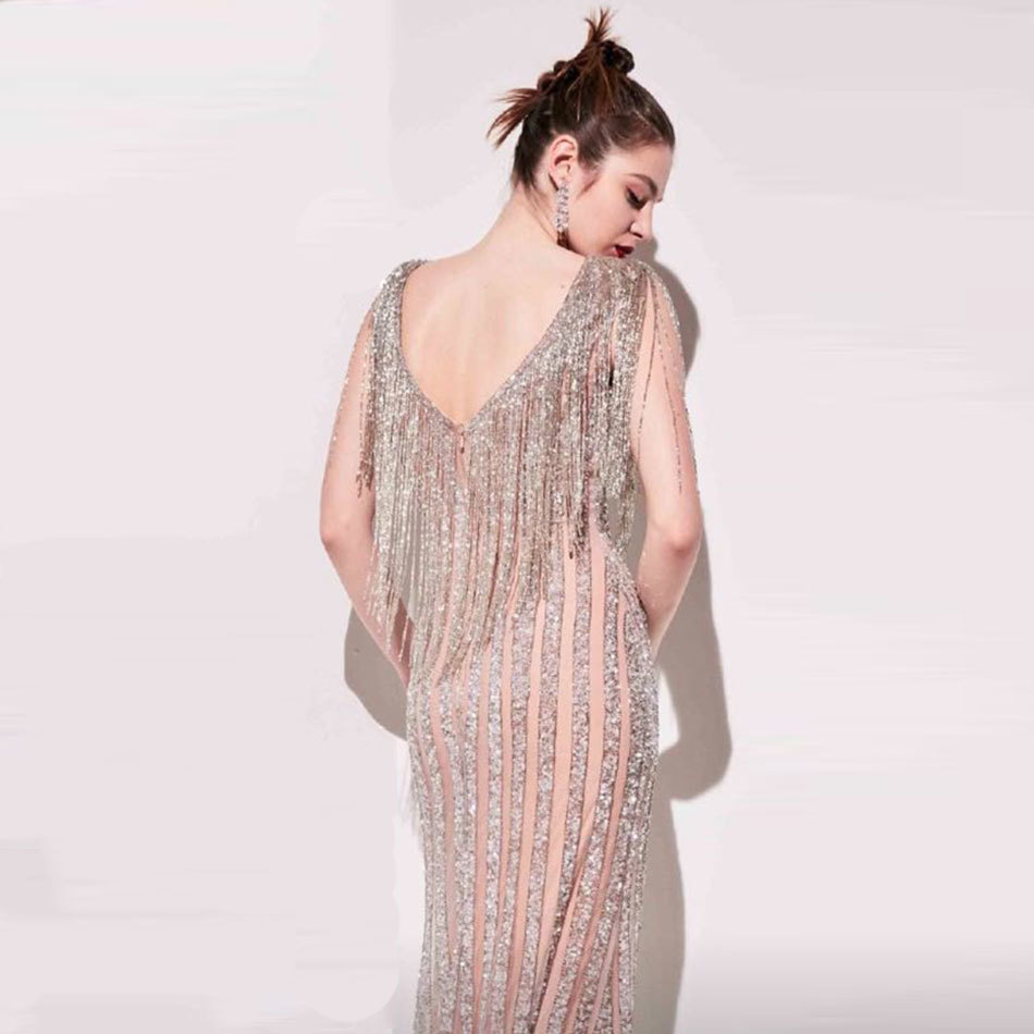 Free Autumn Women's Maxi Dress Sexy V-neck Tassel Sequin Bodycon Elegant Club Celebrity Banquet es 210524