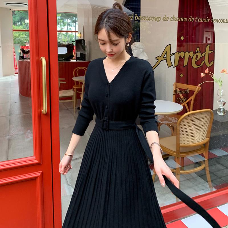 Elegant Dresses Women Solid Long Sleeve V-neck Knitted Sashes Slim Waist Pleated Woman Dress All-match Fashion Vestidos Female Casual