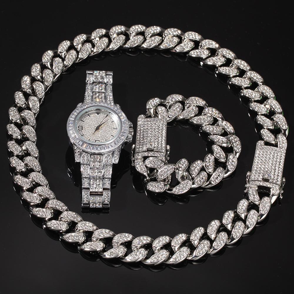 3pcs/set Men Hip hop iced out bling Chain Necklace Bracelets watch 20mm width cuban Chains Necklaces Hiphop charm jewelry gifts, Black
3pcs/set Men Hip hop iced out bling Chain Necklace Bracelets watch 20mm width cuban Chains Necklaces Hiphop charm jewelry gifts, Black