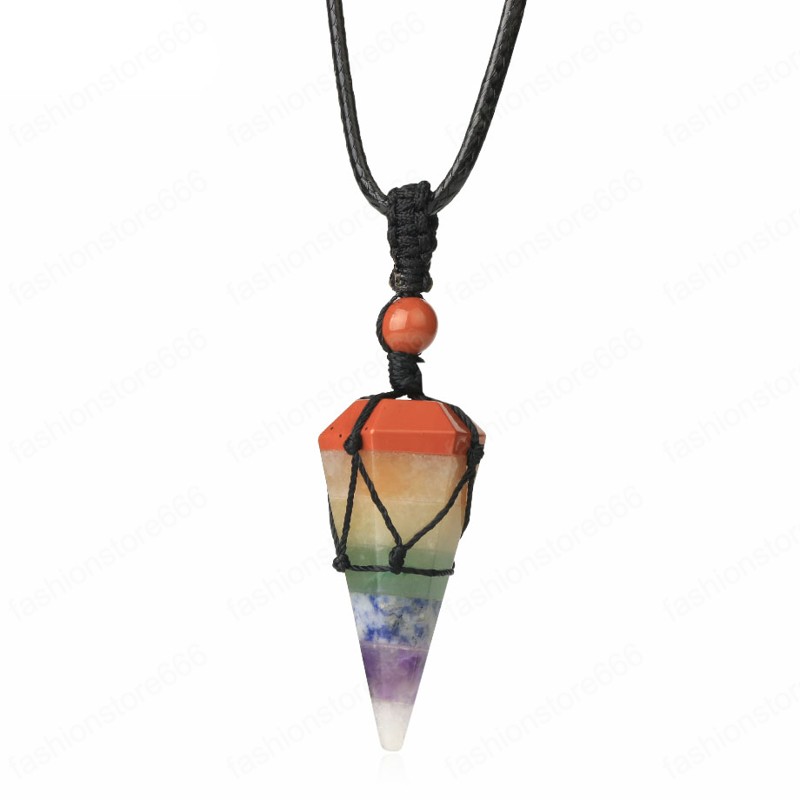 Natural Stone Rope Wrap Necklace Handmade 7 Chakra Hexagonal Prism Pendant Necklaces Healing Crystal Dowsing Pendulum