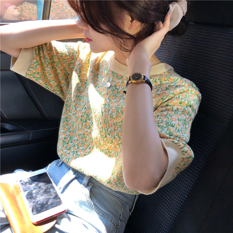 Knitted T Shirt Women Floral Korean Elegant All Match Ropa Mujer Summer Tops Fashion T-shirt Ladies 16910 210415