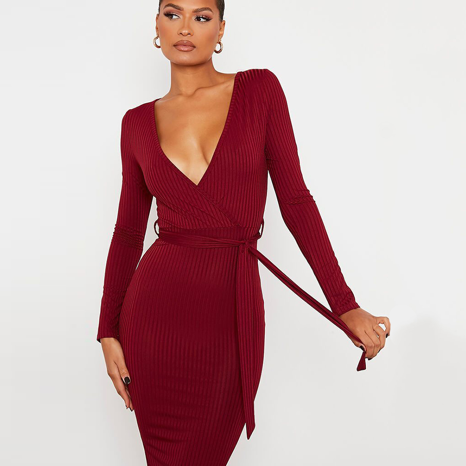 Free Women's Green Striped Dress Sexy V-neck Long Sleeve Bodycon Lace Up Club Party Knee-Length Vestidos 210524