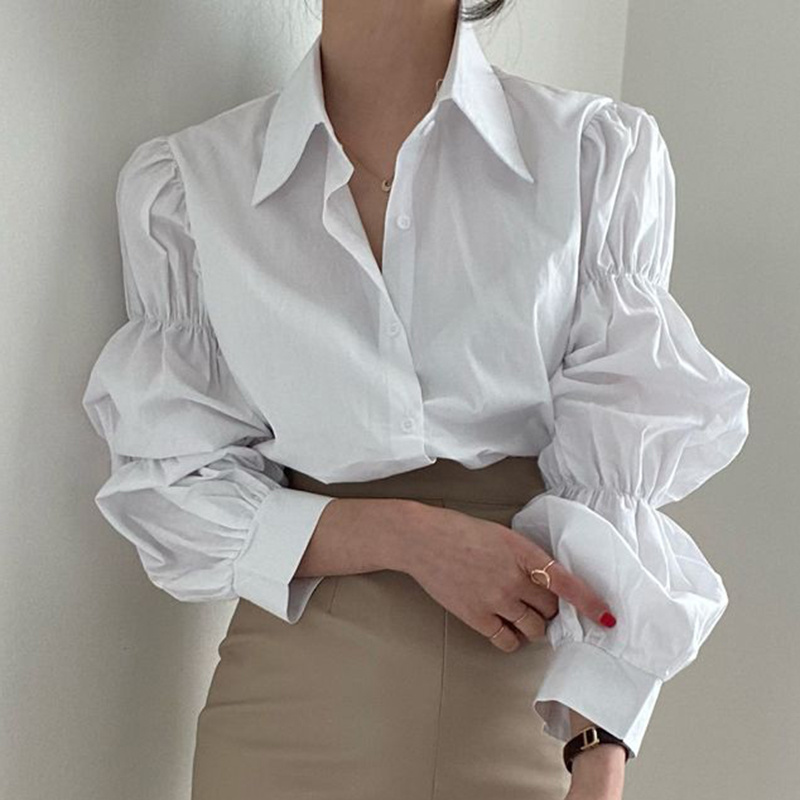Spring Korean Fashion Women Shirts Solid Puff Sleeve Ins Retro Female Tops Loose All-match Turn-down Collar Blouses 210519