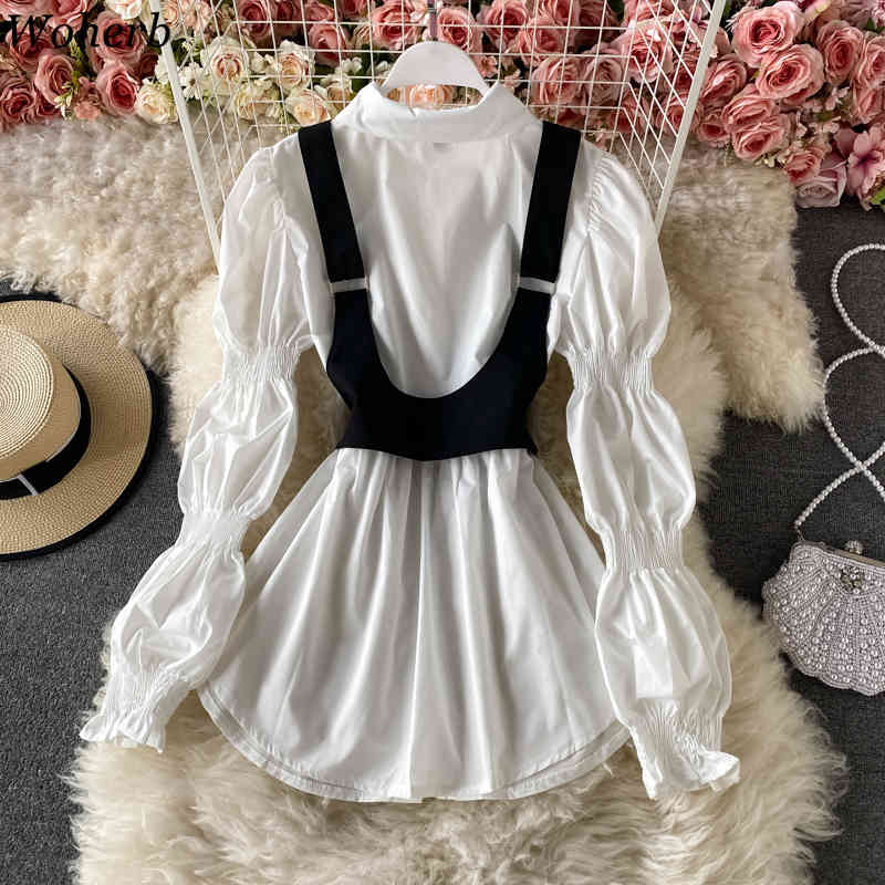 Women Casual All Match Two Pieces Set Black Belt Vest + Long Puff Sleeve White Shirt Blouse Korean Cool Streetwear 210519
