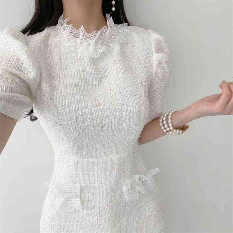 Fashion Sweet Pearl Lace Ruffle Summer Dress Robe Ladies Short Sleeve Tweed Mini Vestido Da Festa 210520
