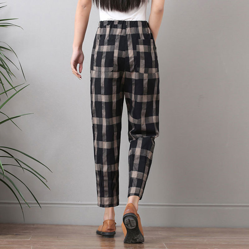 Spring Summer Fashion Women Harem Pants Elastic Waist Loose Casual Plaid Cotton Ankle-length Ladies Trousers D60 210512
