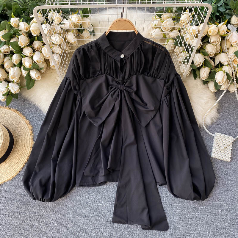 Nomikuma Sweet Bowknot Women Blouse Korean Lantern Long Sleeve O-neck Shirt Spring Autumn New Causal Blusas Mujer 6D742 210427