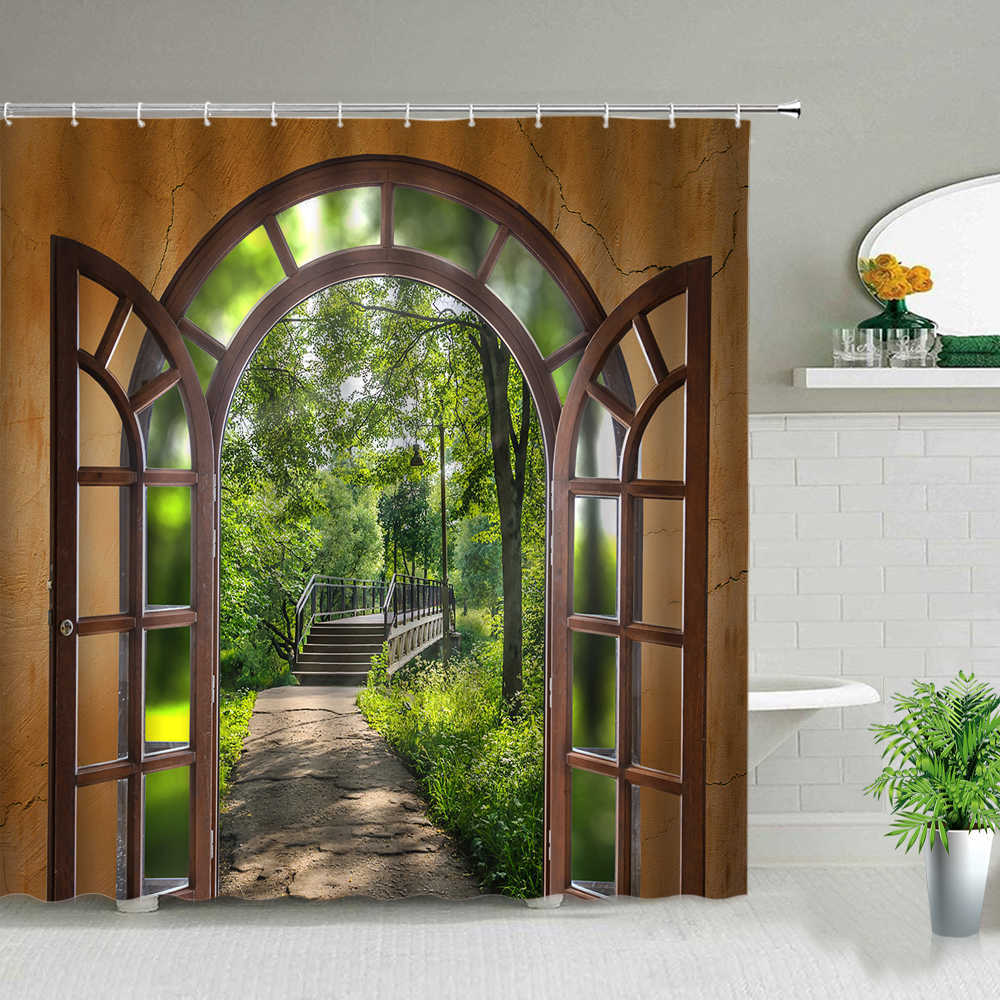 

Window Outside Forest Bridge Spring Landscape Creativity Shower Curtain Zen Stone Tree Building Scenery Cloth Curtains With Hook 210715