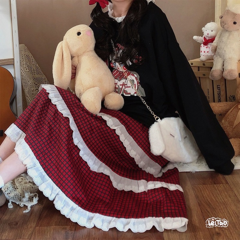 Christmas Skirts Elegant Plaid Sweet High Waist Female Japanese Kawaii Lace Chiffon Midi Korean Skirt 210510