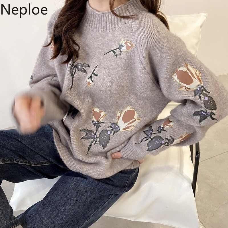 Neploe Heavy Embroidery Rose Pullovers Chic Sweet Knitted Sweaters Women Autumn Winter Clothes Sueter Thicked Warm Pull Femme 210422