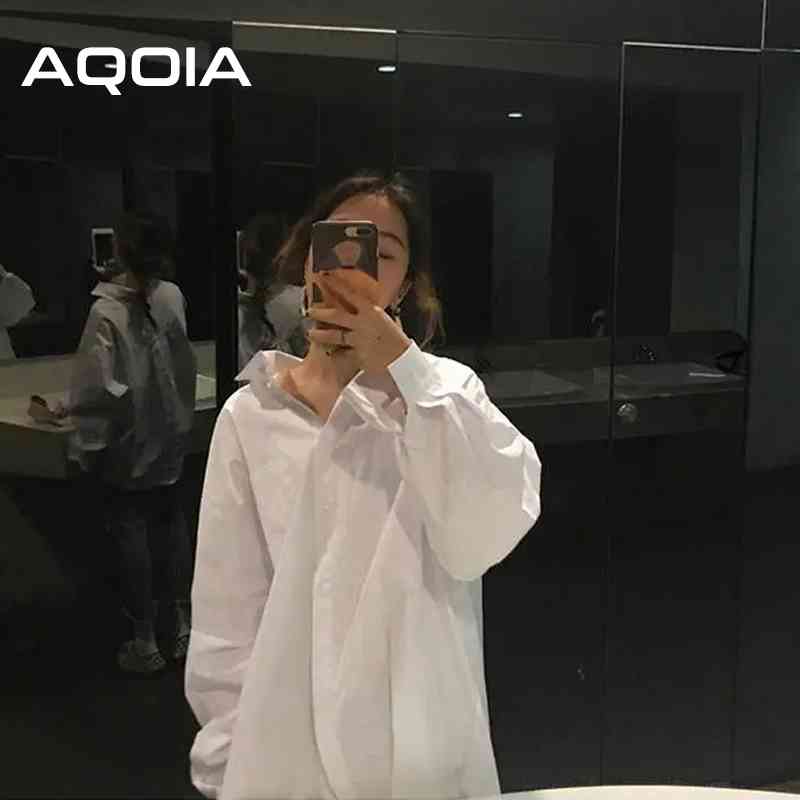 AQOIA Streetwear Long Sleeve Chiffon Plus Size Black White Women Shirt Button Up Loose Ladies Blouses Female Shirts 210521