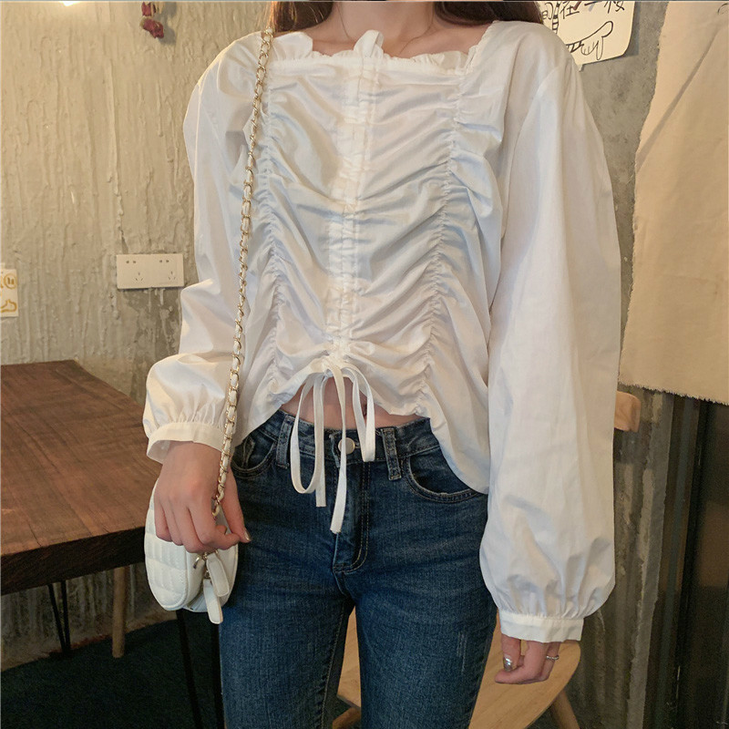 Korean Fashion Clothing Elastic Pleated Solid Drawstring Spring Blouse Blusas Mujer De Moda Puff Sleeve White Shirts 10118 210506