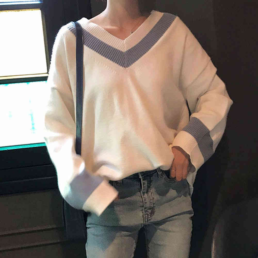 Autumn Winter Women's Sweaters Black White Pullover Korean Style Minimalist Casual Office Lady V Neck 210428