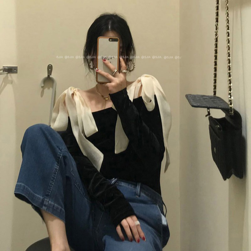 Bow Bandage Off Shoulder Long Sleeve Blouse Women Elegant Patchwork Black Tops Shirt Korean Fashion Blusas 210519