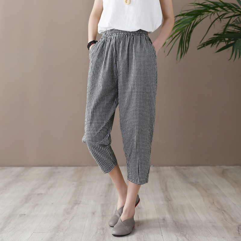 Johnature Summer Cotton Linen Retro Plaid Elastic Waist Harem Pants Simple Leisure All-match Women Ankle-length Pants 210521, Blue
Johnature Summer Cotton Linen Retro Plaid Elastic Waist Harem Pants Simple Leisure All-match Women Ankle-length Pants 210521, Blue