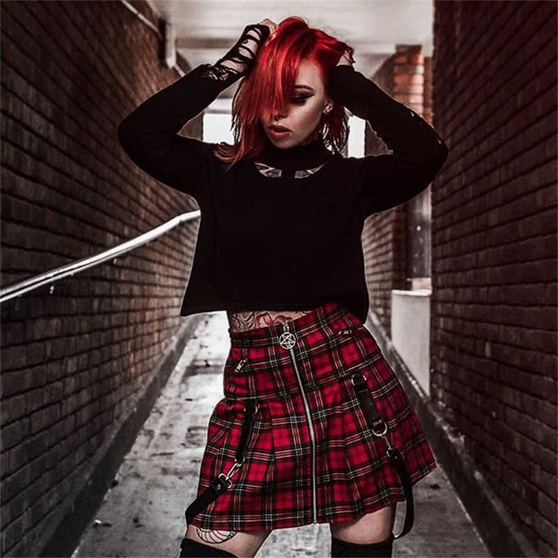 Gothic Traf High-waisted Pleated Skirt Y2k Harajuku Vintage Aesthetic Women Moto & Biker Skirts For E Girl Punk Clothing 82105 210712wtt