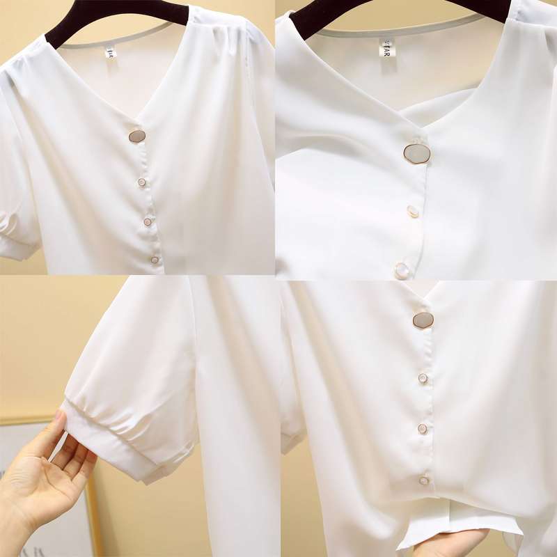 Korean Chiffon Blouse Simple V-neck Short Cardigan Shirts Women Summer Solid Sleeve Top Female Blusas 9881 210506
