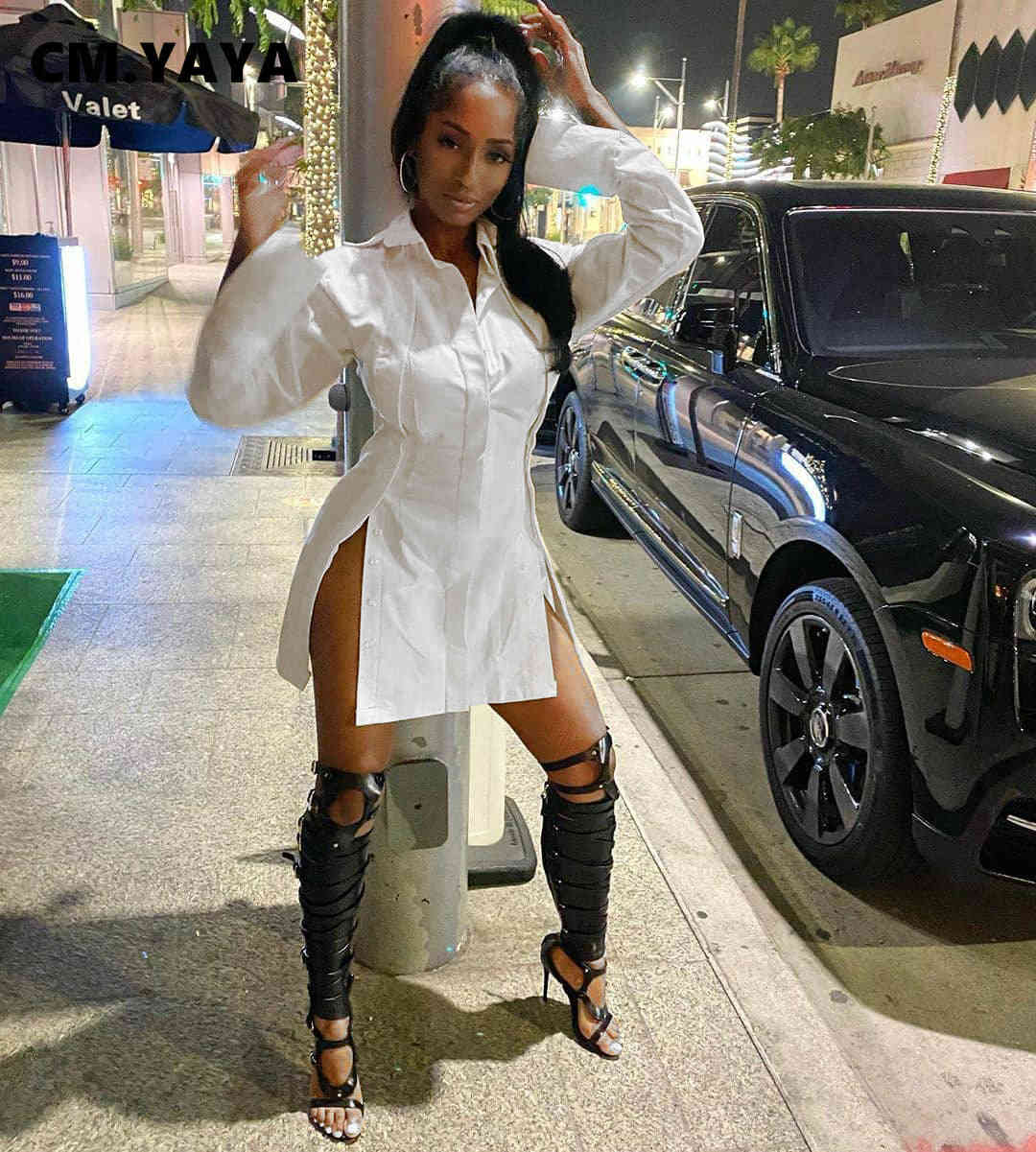 CM.YAYA Women Solid Color Side Slit Long Sleeve Button Up Sexy Blouse Dress Sexy Club Party Streetwear Shirt Dresses 210409