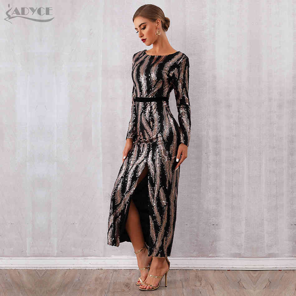 Autumn Sequin Celebrity Evening Runway Party Dress Women Sexy Backless Maxi Long Sleeve Night Club Bodycon 210423